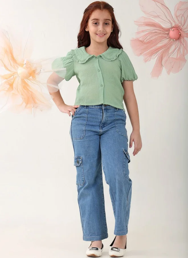 Bonkids BONKIDS Girls Green Cotton Short Sleeve Top with Collar