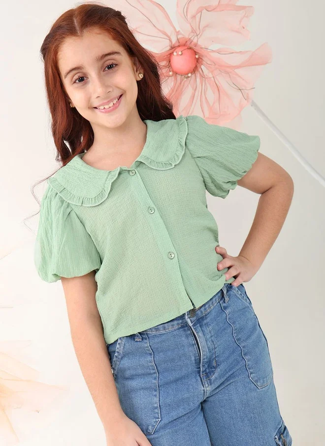 Bonkids BONKIDS Girls Green Cotton Short Sleeve Top with Collar