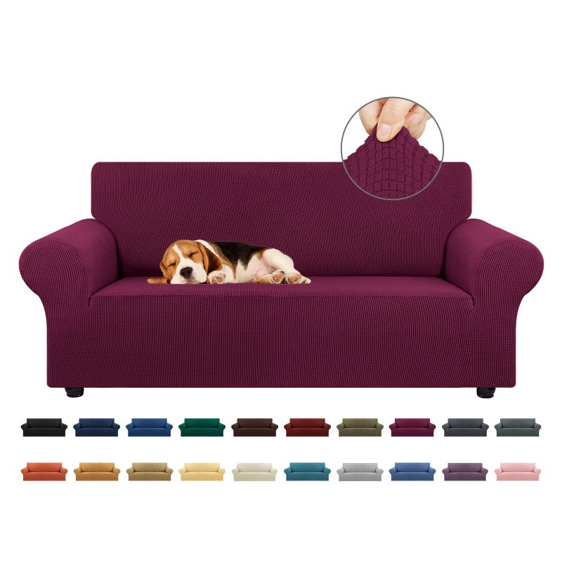 KEKUOU Stretch Loveseat Sofa Cover SlipcoverCouch Covers for 2 Cushion Couch Sofa 5579 Furniture Protector Sofa with Elastic Bottom for KidsDog Jacquard Small Checked MediumWine