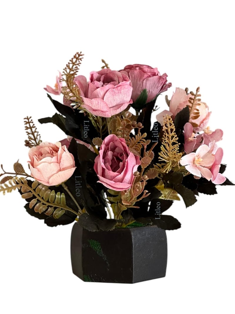 Litleo Wooden Pot with Multi-Design Dry Artificial Flowers, Perfect Home Office Gift, Elegant Décor Delight (Dense Dry BluishPink) - Image 1