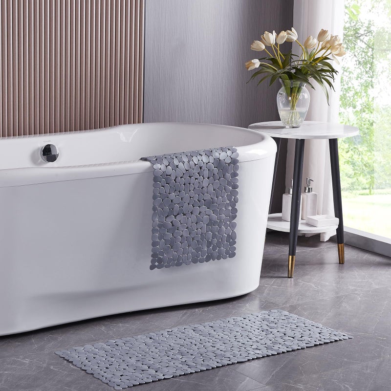 Webos Bath Shower Mat Non Slip: Extra Large Pebble Bathtub mat for Families, Anti Slip Shower Matt with Drain Holes Suction Cups Tub Mat - 16 X 40 Inch Grey - Image 3