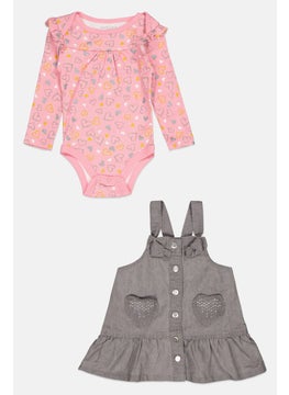 Nanette lepore Toddlers Girl 2 Piece Allover Printed Bodysuit With Dress, Grey/Pink  - Image 1