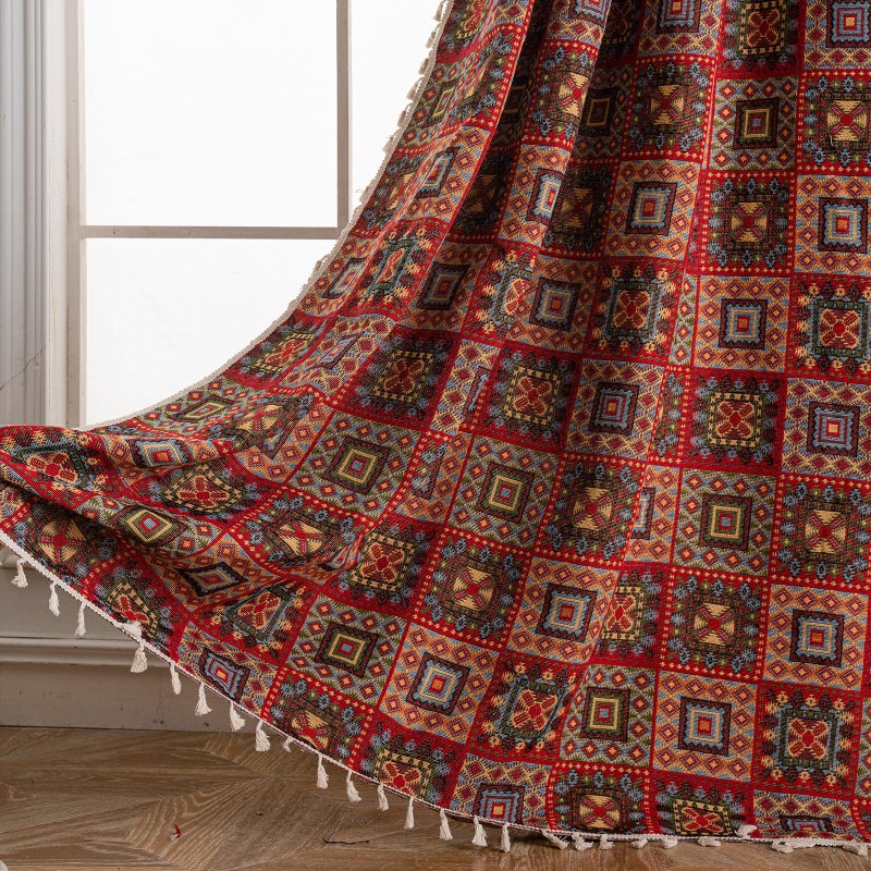 ENJOYBRIDAL Patchwork 84 Inch Curtains for Living Room Boho Drapes Bedroom Jacquard Bohemian Floor Length Window Curtains 2 Panels Semi Sheer Rod Pocket Red Cute Geometric Patterned Window Treatments - Image 1