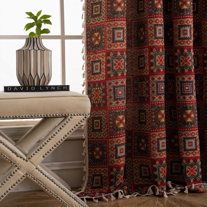 ENJOYBRIDAL Patchwork 84 Inch Curtains for Living Room Boho Drapes Bedroom Jacquard Bohemian Floor Length Window Curtains 2 Panels Semi Sheer Rod Pocket Red Cute Geometric Patterned Window Treatments - Image 4