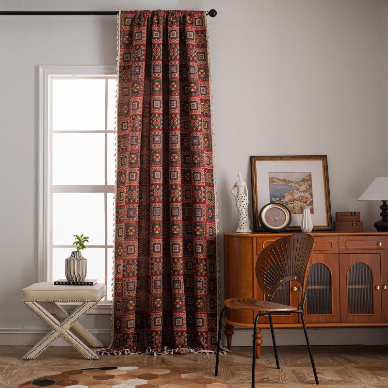 ENJOYBRIDAL Patchwork 84 Inch Curtains for Living Room Boho Drapes Bedroom Jacquard Bohemian Floor Length Window Curtains 2 Panels Semi Sheer Rod Pocket Red Cute Geometric Patterned Window Treatments - Image 2