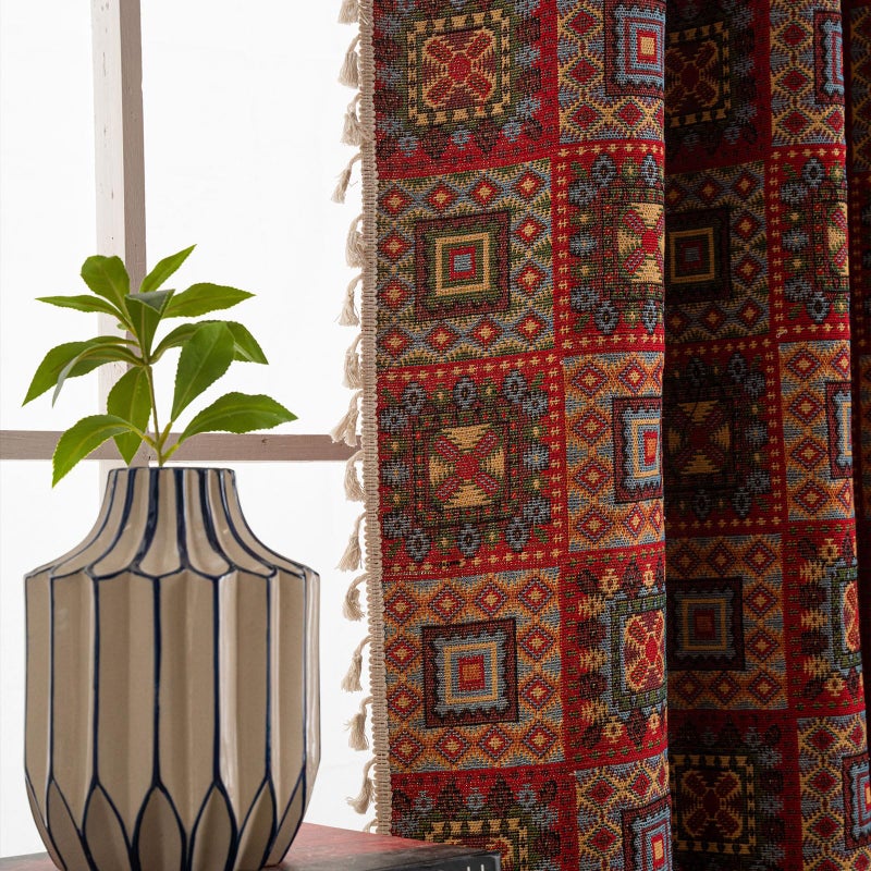 ENJOYBRIDAL Patchwork 84 Inch Curtains for Living Room Boho Drapes Bedroom Jacquard Bohemian Floor Length Window Curtains 2 Panels Semi Sheer Rod Pocket Red Cute Geometric Patterned Window Treatments - Image 5