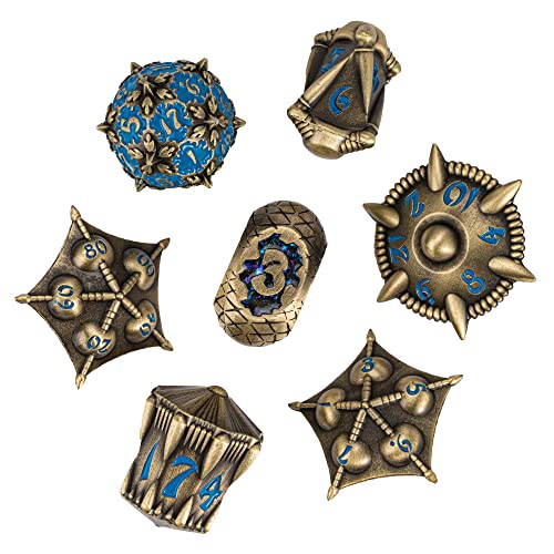 UDIXI Dragon Metal Dice Set DD 7die Polyhedral Dice Set with Unique Shape for DND Role Playing GamesBronze with Blue Number - Image 1