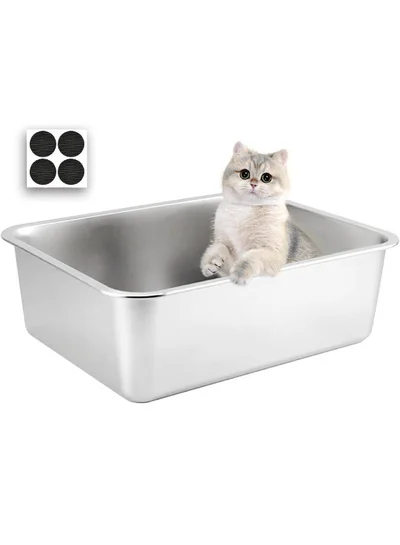 Stainless Steel Open Cat Litter Box with High Sides and Anti-Slip Stickers Extra Large Cat…