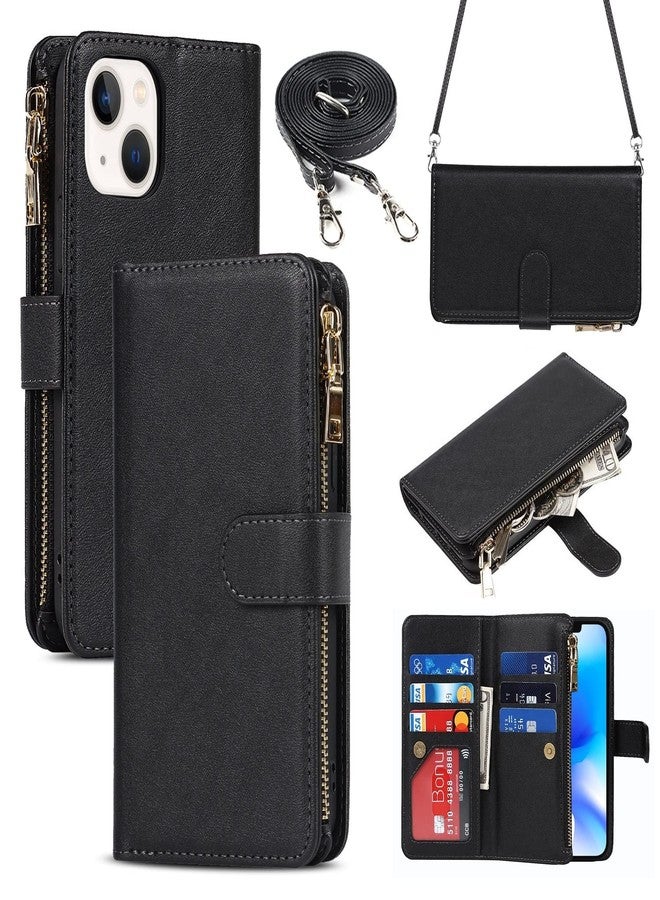 آي كوفر كايس جراب iCoverCase متوافق مع هاتف iPhone 14، جراب كروسبودي مع حزام للنساء، جراب محفظة للهاتف مع حامل بطاقات، جراب قلاب من الجلد الصناعي بسحاب، مقاس 6.1 بوصة (أسود) - Image 1