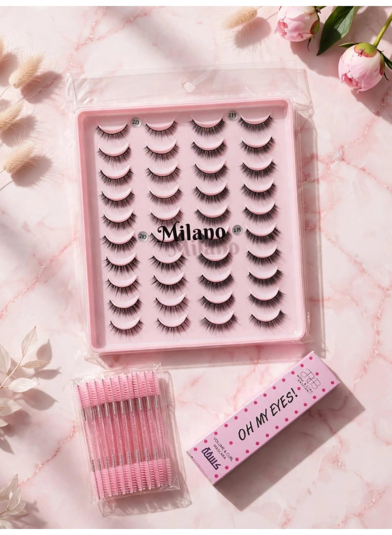 Milano Professional Eyelash Box (20 pairs) + OH MY EYES Mascara + Eyelash Brushes - Image 1