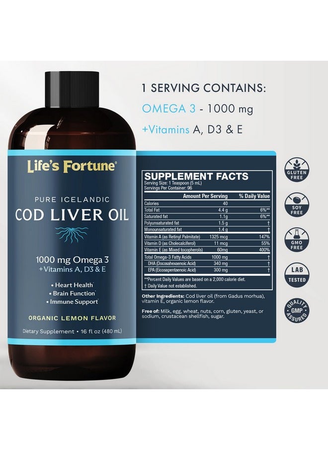 Life's Fortune - Life's Fortune Organic Cod Liver Oil Liquid Lemon Flavor Supplement - High Potency Fish Oil Omega 3 DHA & EPA, Vitamin A, E & D3 - Immune Health, Joints, GMO Free, 1000 mg (16 Oz) - Image 1