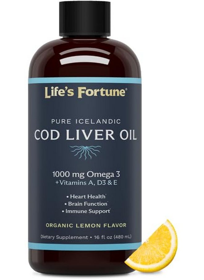Life's Fortune - Life's Fortune Organic Cod Liver Oil Liquid Lemon Flavor Supplement - High Potency Fish Oil Omega 3 DHA & EPA, Vitamin A, E & D3 - Immune Health, Joints, GMO Free, 1000 mg (16 Oz) - Image 1