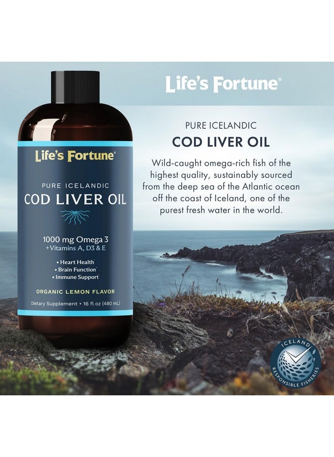 Life's Fortune - Life's Fortune Organic Cod Liver Oil Liquid Lemon Flavor Supplement - High Potency Fish Oil Omega 3 DHA & EPA, Vitamin A, E & D3 - Immune Health, Joints, GMO Free, 1000 mg (16 Oz) - Image 1