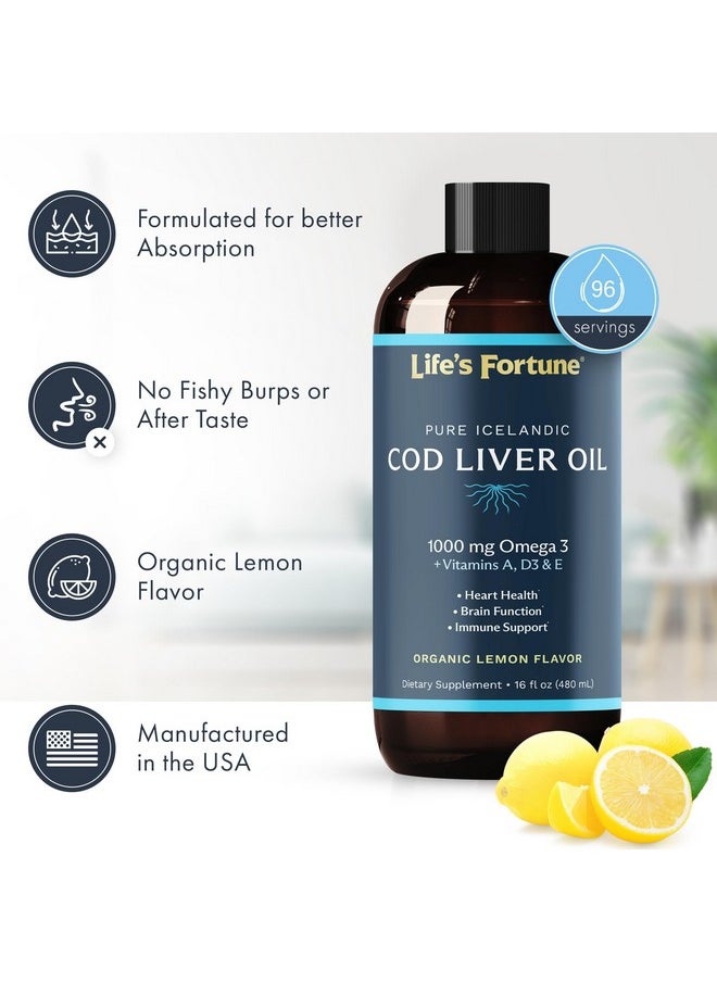 Life's Fortune - Life's Fortune Organic Cod Liver Oil Liquid Lemon Flavor Supplement - High Potency Fish Oil Omega 3 DHA & EPA, Vitamin A, E & D3 - Immune Health, Joints, GMO Free, 1000 mg (16 Oz) - Image 1