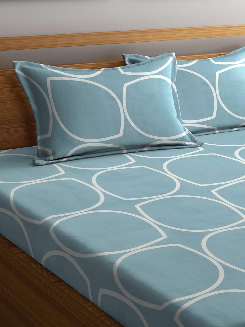 KLOTTHE Supersoft Cotton Blend Feel Glace Cotton King Size Printed Flat Double Bedsheet wih 2 Pillow Covers II 300 TC, 90"x100" Inch, SkyBlue - Image 3