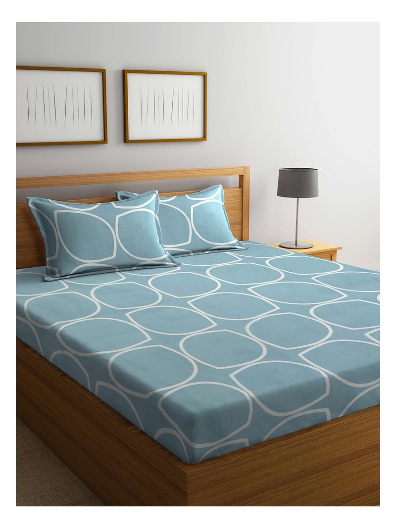 KLOTTHE Supersoft Cotton Blend Feel Glace Cotton King Size Printed Flat Double Bedsheet wih 2 Pillow Covers II 300 TC, 90"x100" Inch, SkyBlue - Image 1