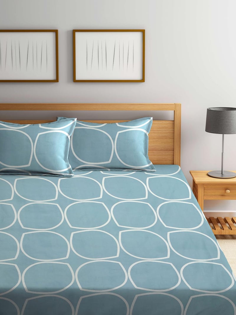 KLOTTHE Supersoft Cotton Blend Feel Glace Cotton King Size Printed Flat Double Bedsheet wih 2 Pillow Covers II 300 TC, 90"x100" Inch, SkyBlue - Image 2