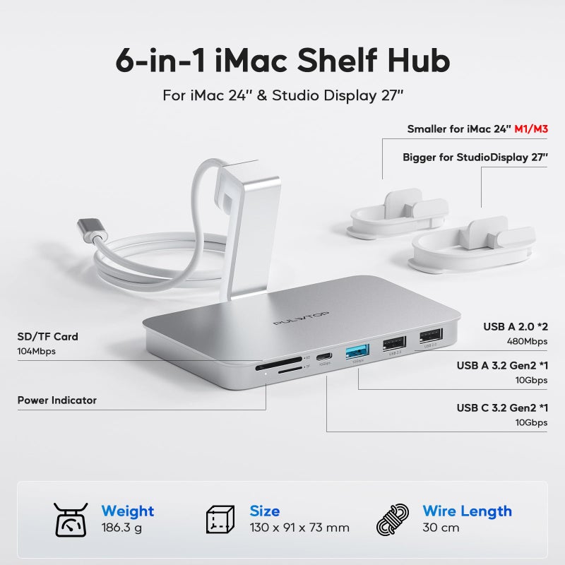PULWTOP iMac Accessories for i-Mac 2021/2023/2024, PULWTOP USB C Hub for iMac with USB A/C 10Gbps, Hub for M1/M3/M4, 2 USBA 2.0, SD/TF Card Reader for iMac24 inch & Studio Display 2 Sliver - Image 2