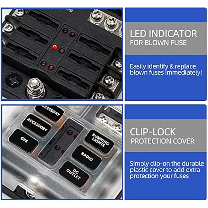 Khazna 6 Way Fuse Block12V Blade Fuse 6 Circuit AtcAto Waterproof Fuse Box Holder With Led Indicator Waterpoof Cover For 12V24V Automotive Truck Boat Marine Rv Van Vehicle With 12 Pcs Fuse - Image 2