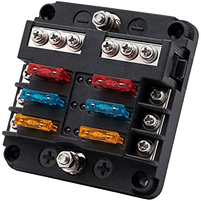 Khazna 6 Way Fuse Block12V Blade Fuse 6 Circuit AtcAto Waterproof Fuse Box Holder With Led Indicator Waterpoof Cover For 12V24V Automotive Truck Boat Marine Rv Van Vehicle With 12 Pcs Fuse - Image 1