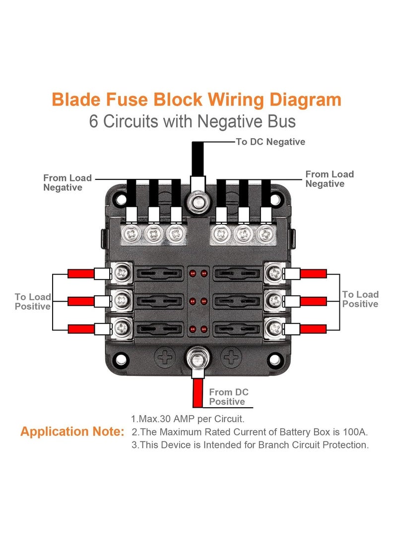 Blade Fuse Block, 12V Waterproof Fuse Box Holder, 6 Circuit Negative Bus Fuse Box with LED Indicator for Automotive Car Truck Boat Marine RV Van  - Image 2
