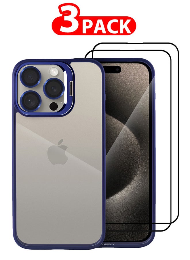 CATANES - 3 Pack iPhone 15 Pro Case Cover and Lens Protector and 2 Screen Protectors Built-in Camera Stand and Compatible with MagSafe Full Body Shockproof Case Clear Blue - Image 1