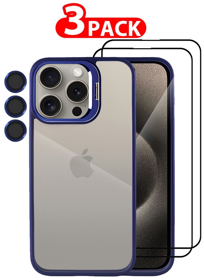 CATANES - 3 Pack iPhone 15 Pro Case Cover and Lens Protector and 2 Screen Protectors Built-in Camera Stand and Compatible with MagSafe Full Body Shockproof Case Clear Blue - Image 1