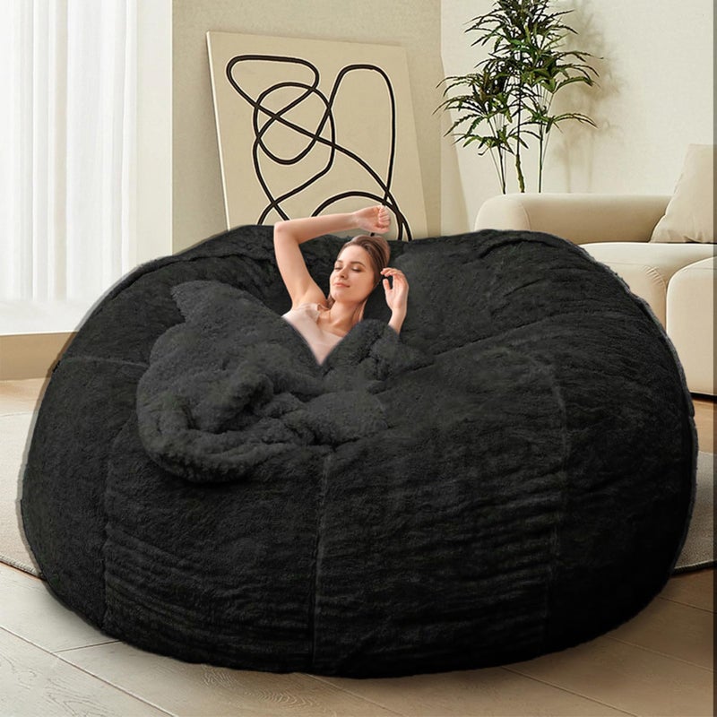 HDMLDP Bean Bag Chair Cover for Adults Kids Comfy Fluffy Giant Round Beanbag Cover Floor Chair Cover for Stuffed Animals Storage, 7FT, Black - Image 1