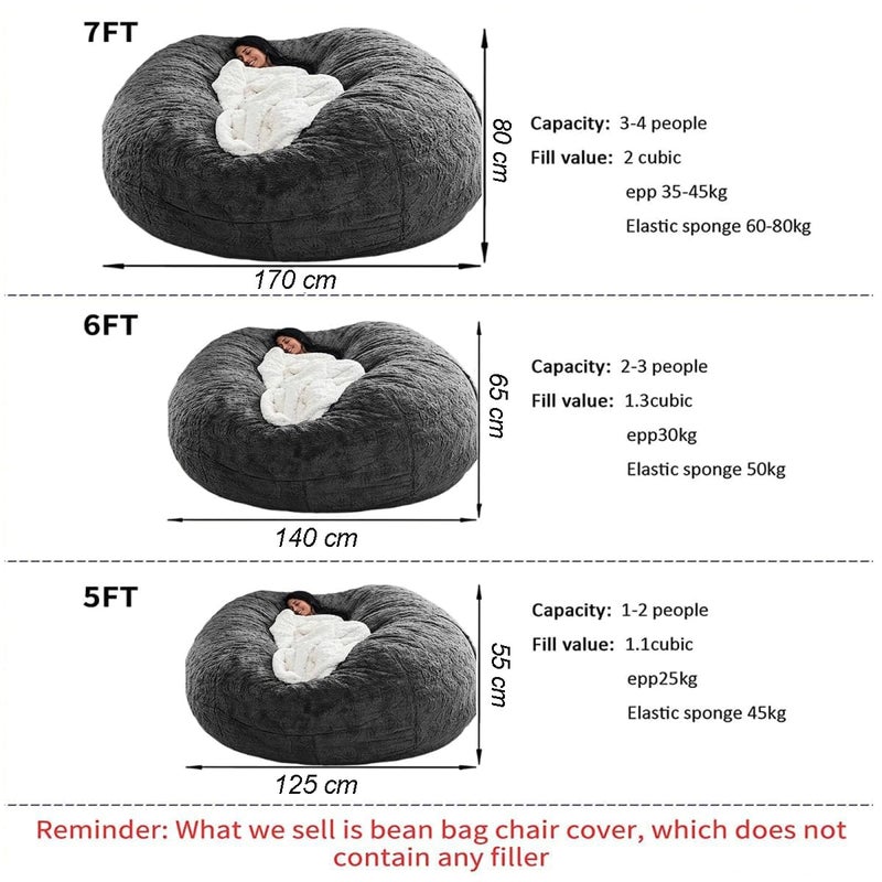 HDMLDP Bean Bag Chair Cover for Adults Kids Comfy Fluffy Giant Round Beanbag Cover Floor Chair Cover for Stuffed Animals Storage, 7FT, Black - Image 5
