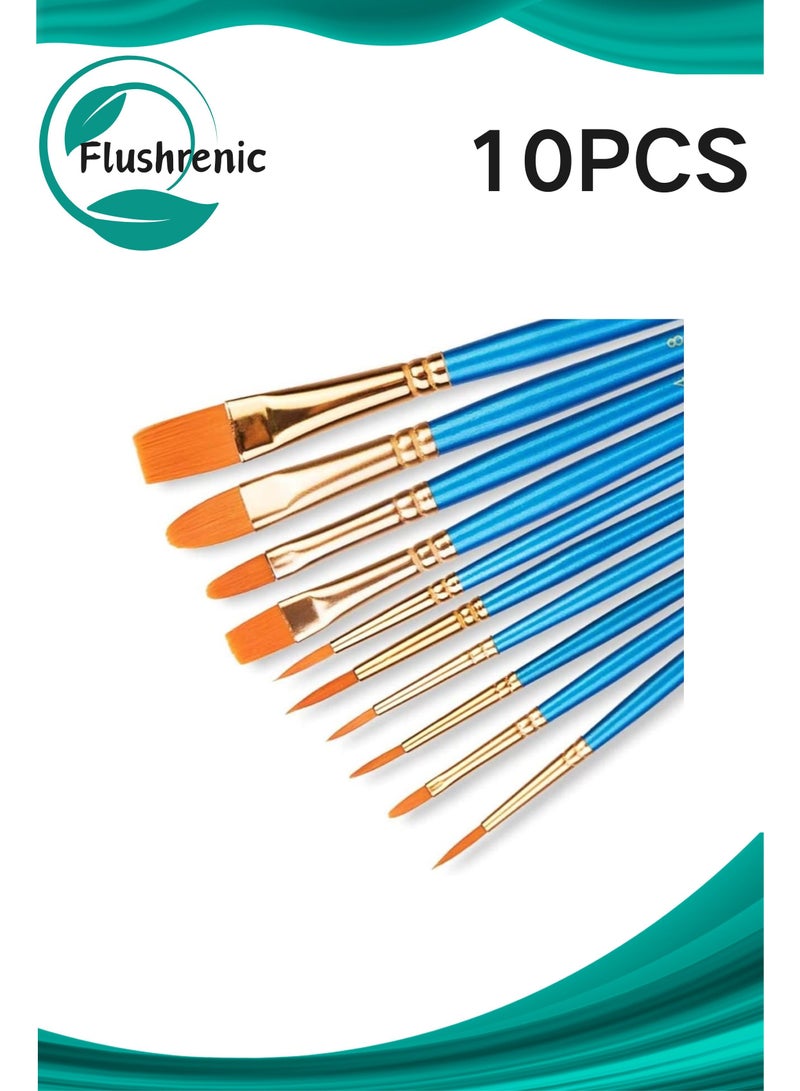 Flushrenic 10-piece brush set, 10 children's brushes, 10 sizes of nylon bristle artist painting brush set, suitable for acrylic, oil painting, watercolour, face painting, nail art, body art, micro details and rock painting (blue) - Image 1
