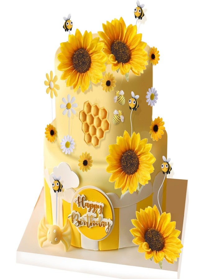 RAYNAG 44 Pcs Bee Cake Decorations, Sunflower Daisy Bee Cake Toppers Set for Baby Shower, Wedding, Birthday Cake Decorations - Image 1