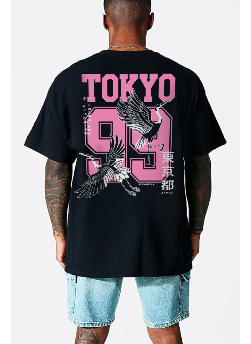 Rock&Roll Tokyo 99 Black Short Sleeve Back Printed Oversize Men's T-Shirt