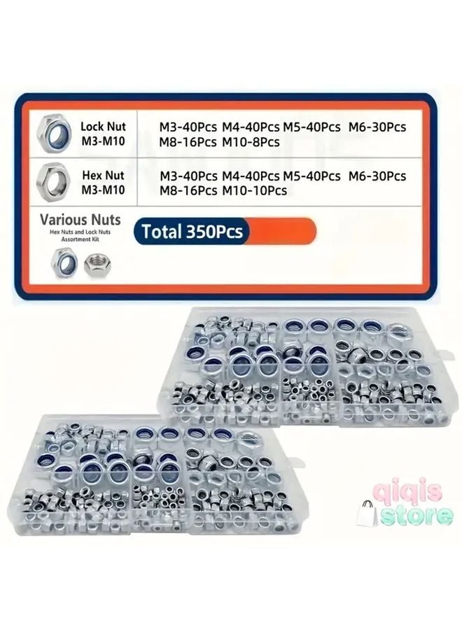 350 قطعة مجموعة متنوعة من صواميل القفل النايلون ذات الرأس السداسي من الفولاذ المقاوم للصدأ M3 إلى M10 مع حلقات - Image 2