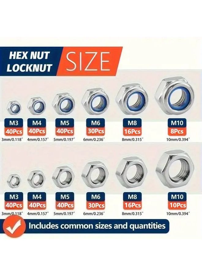 350 قطعة مجموعة متنوعة من صواميل القفل النايلون ذات الرأس السداسي من الفولاذ المقاوم للصدأ M3 إلى M10 مع حلقات - Image 1