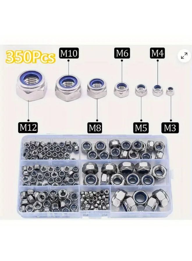 350 قطعة مجموعة متنوعة من صواميل القفل النايلون ذات الرأس السداسي من الفولاذ المقاوم للصدأ M3 إلى M10 مع حلقات - Image 5