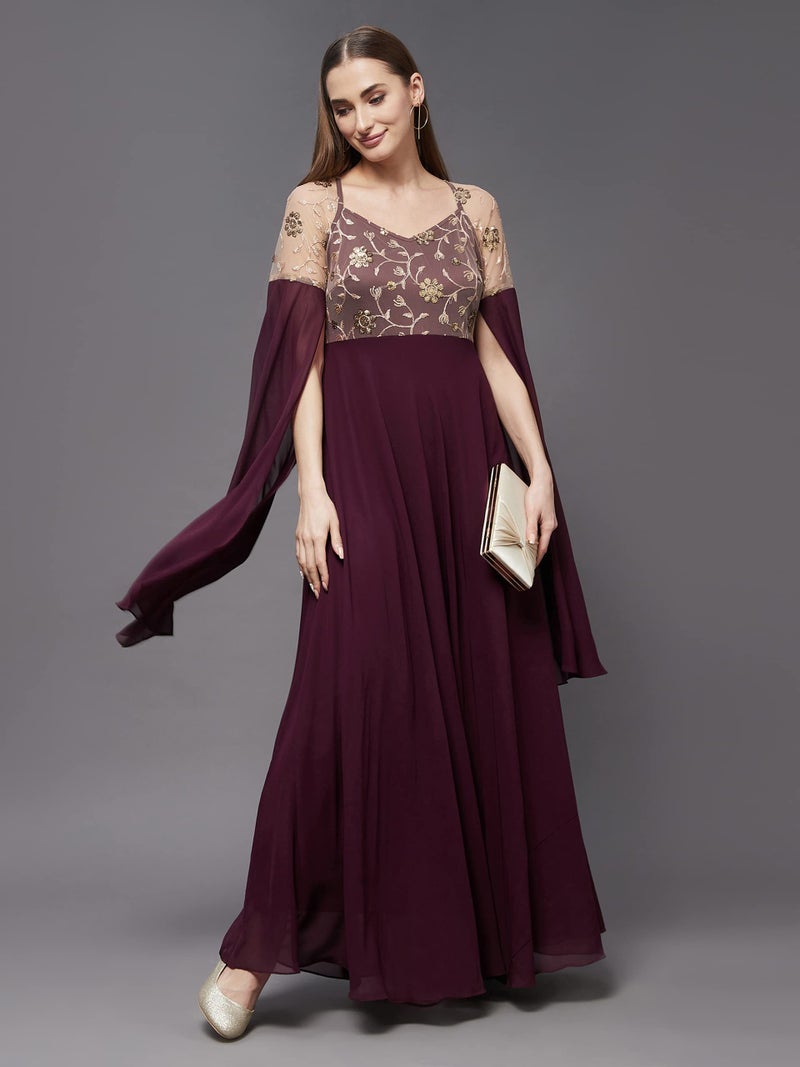 Miss Chase Women's Wine V-Neck Flared Long Sleeve Embroidered Fit & Flare Maxi Dress (MCSS22D13-60-184-06, Wine, XL) - Image 2