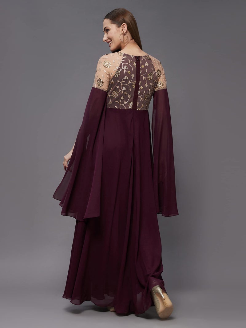 Miss Chase Women's Wine V-Neck Flared Long Sleeve Embroidered Fit & Flare Maxi Dress (MCSS22D13-60-184-06, Wine, XL) - Image 4