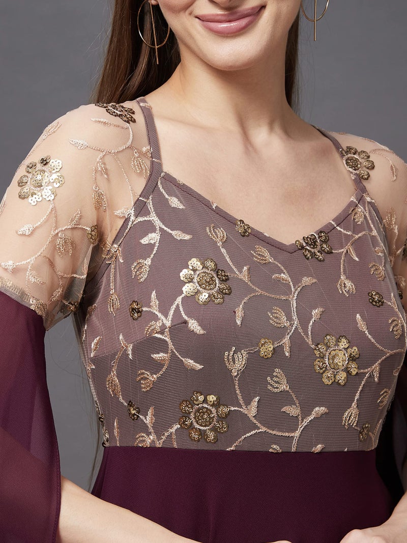 Miss Chase Women's Wine V-Neck Flared Long Sleeve Embroidered Fit & Flare Maxi Dress (MCSS22D13-60-184-06, Wine, XL) - Image 5