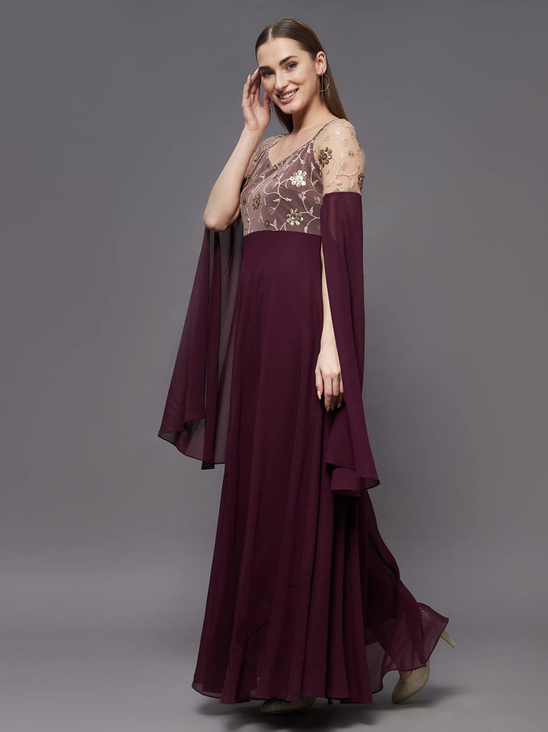 Miss Chase Women's Wine V-Neck Flared Long Sleeve Embroidered Fit & Flare Maxi Dress (MCSS22D13-60-184-06, Wine, XL) - Image 3