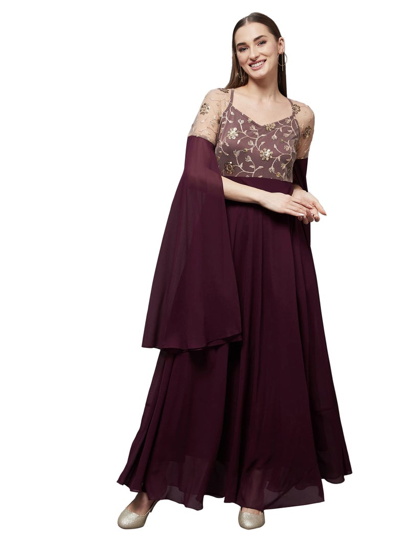 Miss Chase Women's Wine V-Neck Flared Long Sleeve Embroidered Fit & Flare Maxi Dress (MCSS22D13-60-184-06, Wine, XL) - Image 1