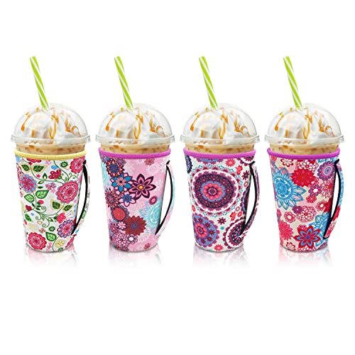 AJLTPA 4Pack Reusable Iced Coffee Sleeve Insulator Sleeves for Cold Drinks Beverages Neoprene Cup Holder for Most Coffee Fits 2224oz Medium Cups Flower With Handle 