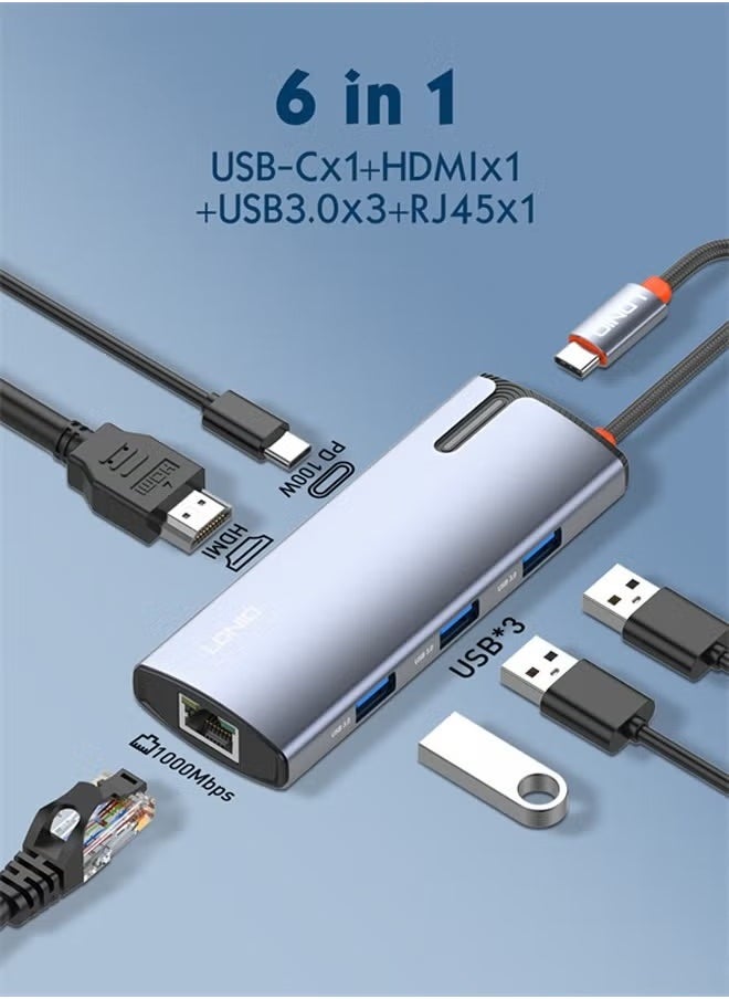 6-in-1 USB-C Dock Station – Multi-Port Type-C Hub with 4K HDMI, USB 3.0, RJ45 Ethernet, USB-C PD Charging Adapter – High-Speed Laptop Docking Station for MacBook, Windows, and More – Portable & Durable Design