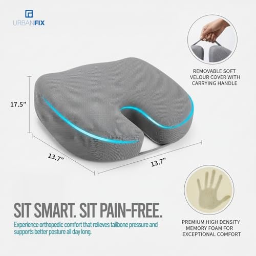 URBANFIX Memory Foam Orthopedic Seat Cushion for Tailbone Pain Relief | Coccyx Support Chair Cushion for Office, Car & Home | Ergonomic Design for Long Sitting, Posture & Comfort | Grey - Image 5
