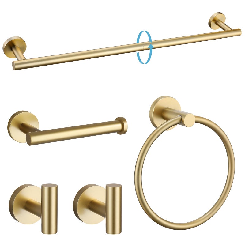 TURS Brushed Gold 5 Piece Bathroom Hardware Set SUS304 Stainless Steel 24 Inch Bath Towel Bar Set Round Bathroom Accessories Kit Wall Mounted