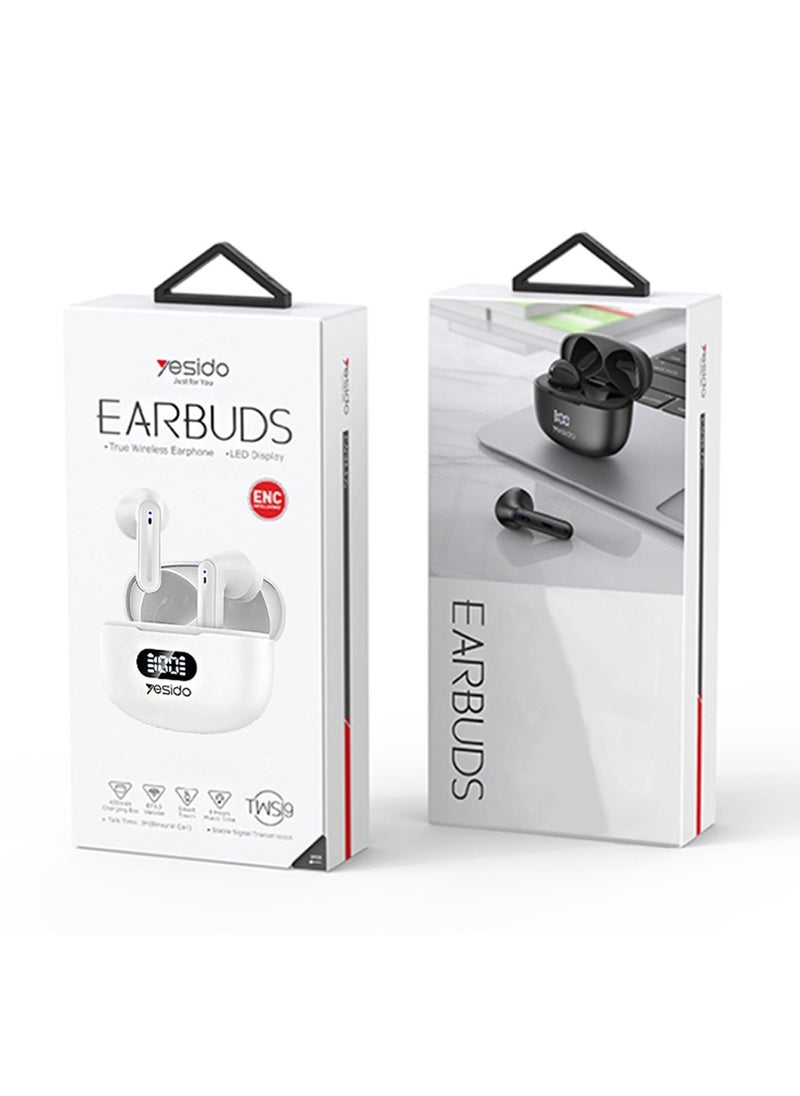 Yesido - Yesido TWS19 EARBUDS Bluetooth 5.3 LED Digital Display ENC Noise Reduction Bluetooth Earphone - White - Image 1