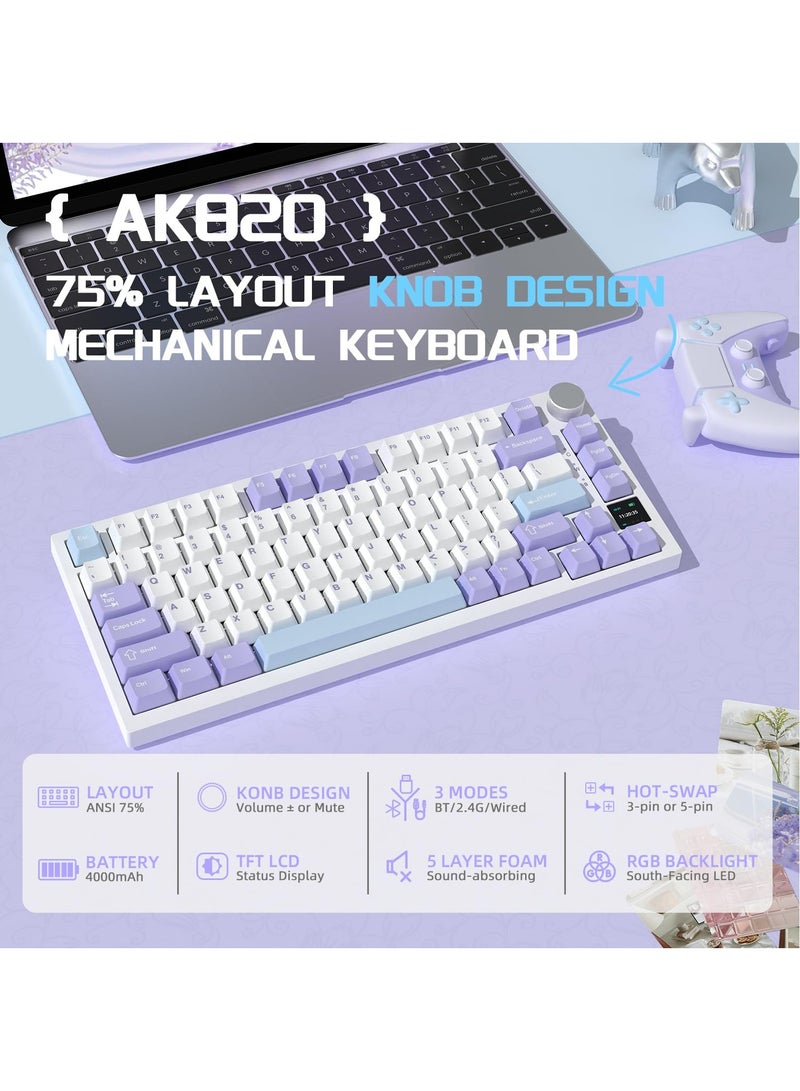 A-jazz AK820 Pro Mechanical Keyboard, Bluetooth/2.4G Wireless/Wired Tri Modes keyboard, Gasket-Mounted Keyboard with TFT Smart Display&Knob, 4000mAh - Image 2