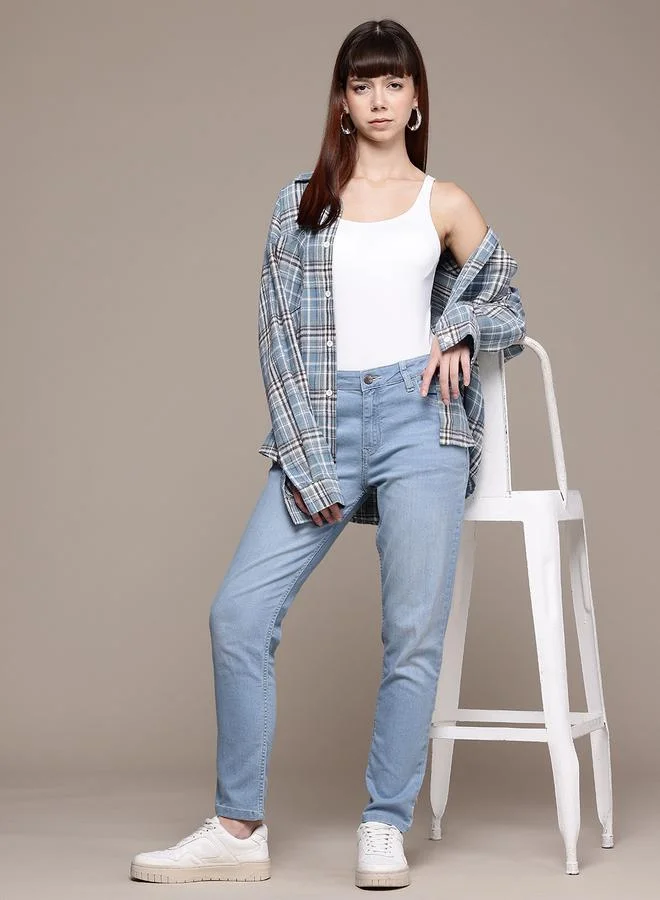 Freehand Blue Freehand Women Mid Rise Slim Fit Low Fade Jeans for Women | Best Price UAE