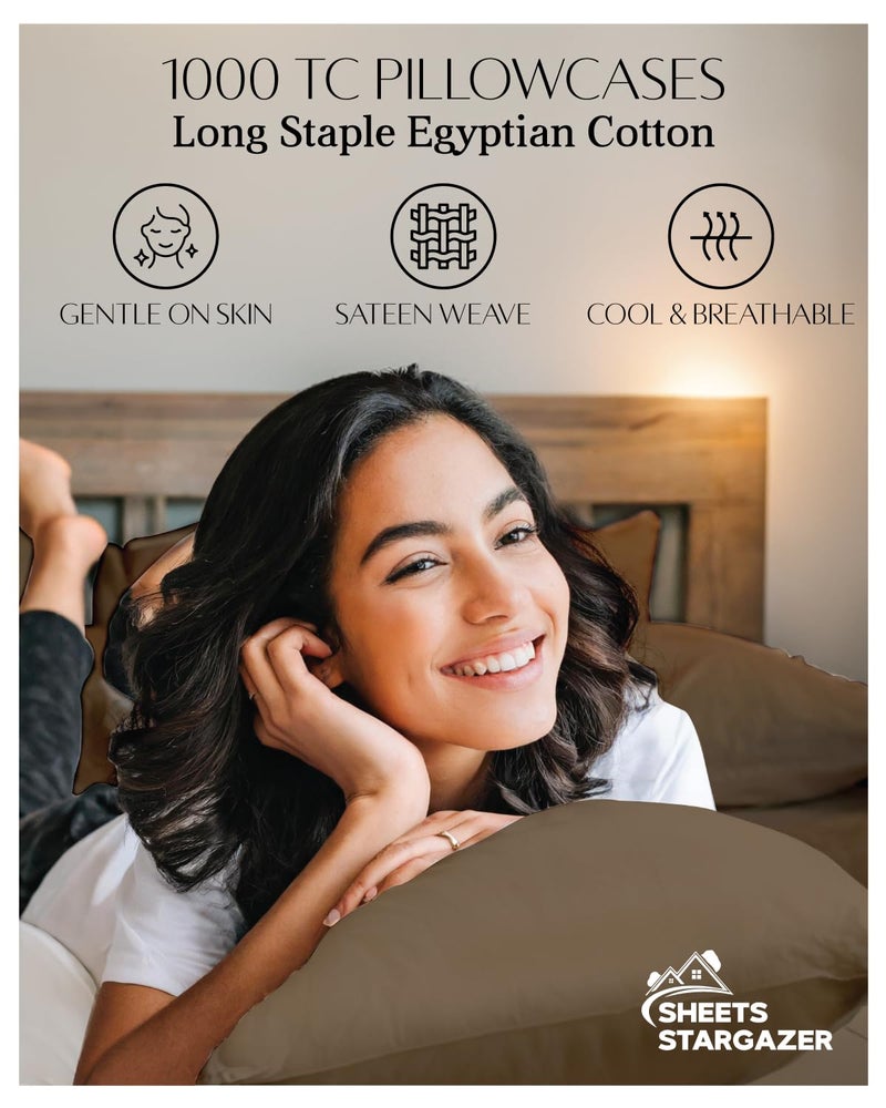 SHEETS STARGAZER 1000 Thread Count 100 Egyptian Cotton Pillow Cases Set of 4 Pillowcase LongStaple 100 Cotton Breathable Soft Sateen Weave Bed Pillow Cover 20 X 30 Inches Pillowcases Taupe Standard Size - Image 5