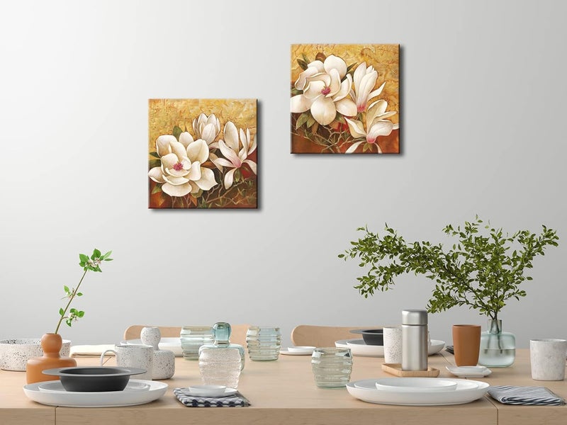 Pyradecor Magnolia Flowers Modern 2 Piece Stretched Floral Canvas Prints Oil Paintings Artwork Style Brown Pictures on Canvas Wall art for Living Room Bedroom Home Decorations - Image 2
