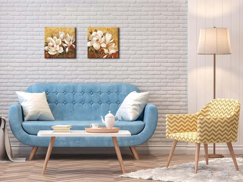 Pyradecor Magnolia Flowers Modern 2 Piece Stretched Floral Canvas Prints Oil Paintings Artwork Style Brown Pictures on Canvas Wall art for Living Room Bedroom Home Decorations - Image 4